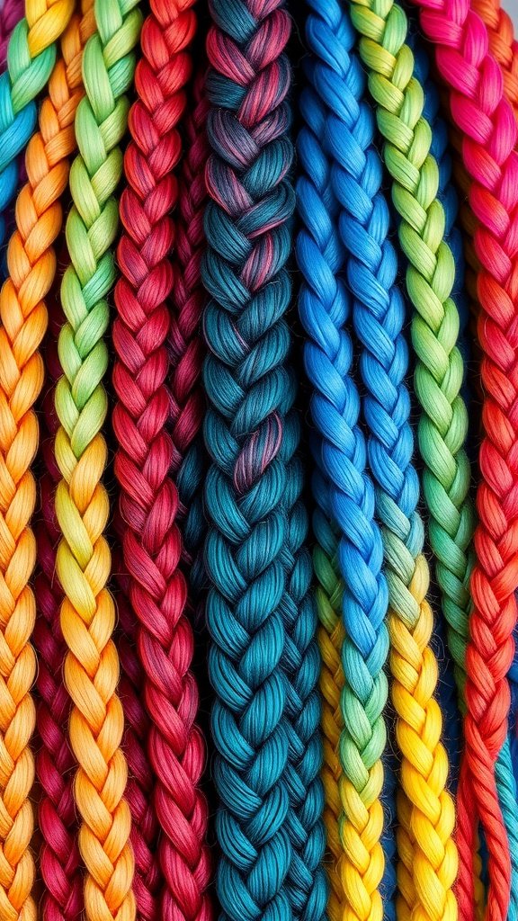 An array of colorful knotless braids in various vibrant shades.