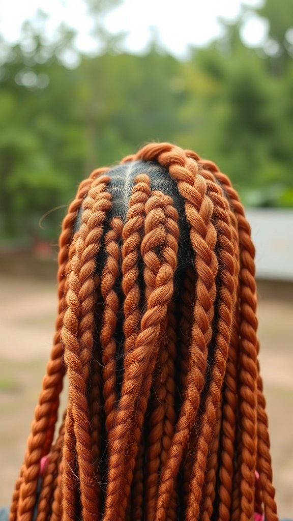 A close-up view of vibrant ginger knotless braids styled neatly.