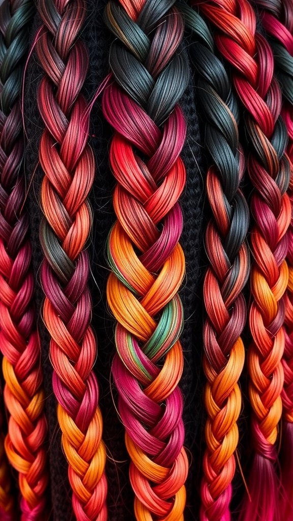 Close-up of vibrant ombre knotless braids featuring reds, oranges, and greens.