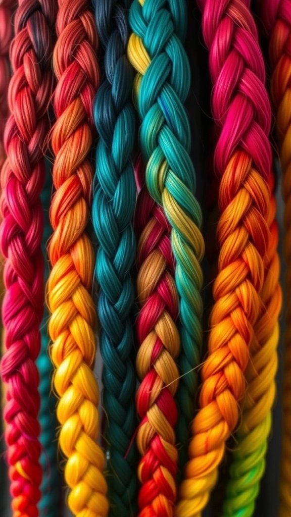 A collection of vibrant ombre knotless braids in various colors.
