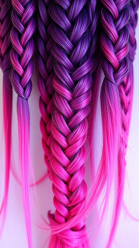 Vibrant ombre knotless braids in purple and pink hues