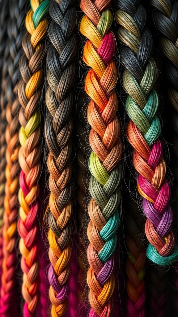An array of colorful braids showcasing vibrant ombre shades, including black, orange, and green.