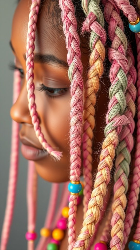A close-up of a person with vibrant pastel knotless braids in pink, yellow, and green, adorned with colorful beads.