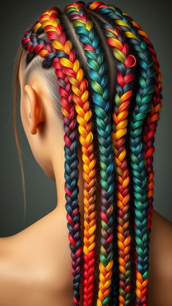 A close-up of vibrant rainbow knotless braids showcasing a mix of colors.