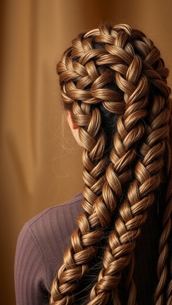 A close-up view of warm chestnut knotless braids styled intricately.