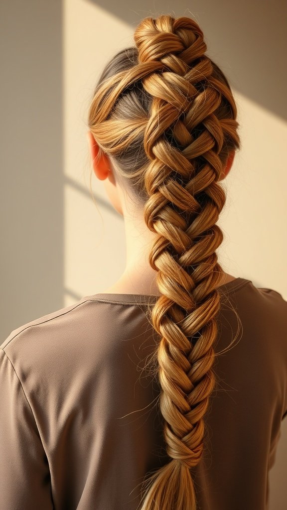 A close-up view of a woman with warm honey knotless braids, showcasing the intricate braid pattern and vibrant color.