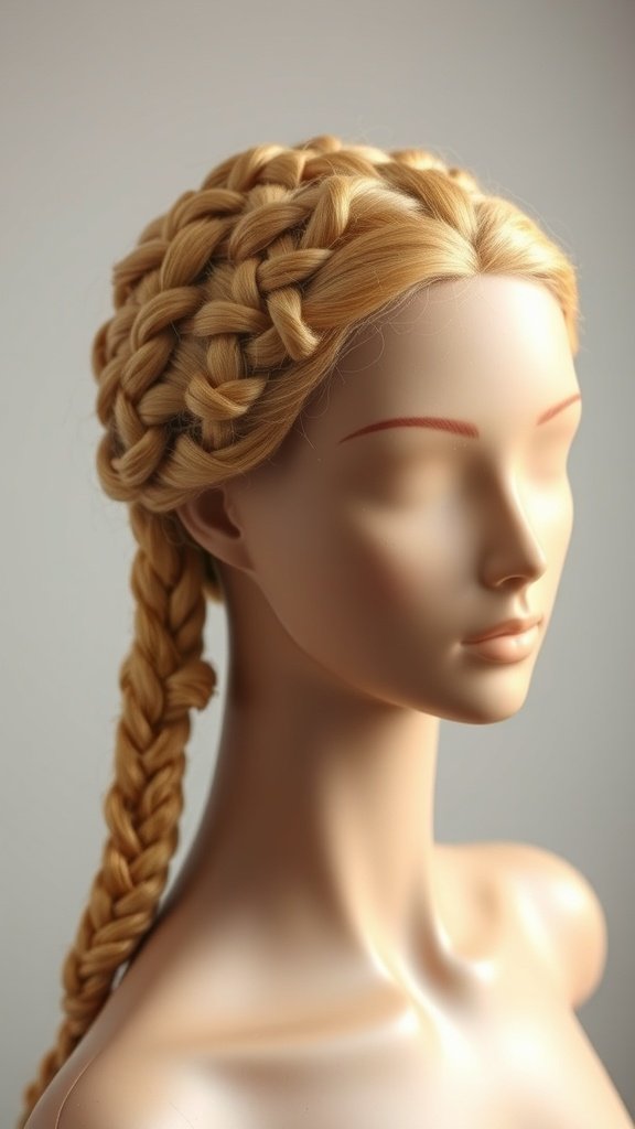A mannequin displaying honey blonde knotless braids, showcasing a smooth texture and warm color.