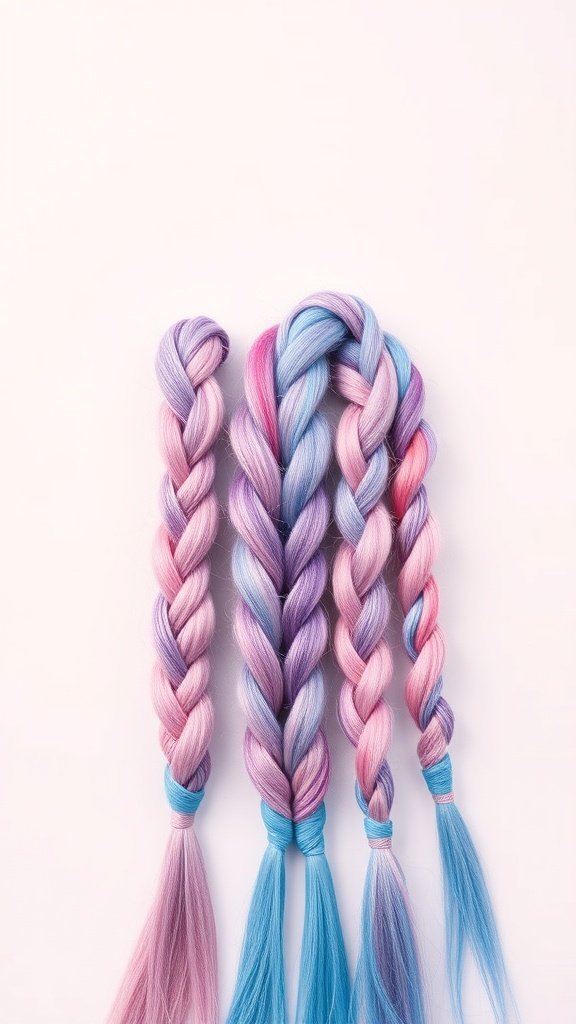Colorful boho knotless braids in pastel shades of pink, purple, and blue.