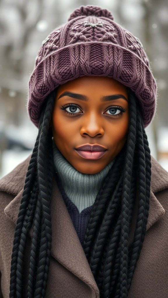A woman with medium knotless box braids wearing a winter hat, showcasing winter hair care tips.