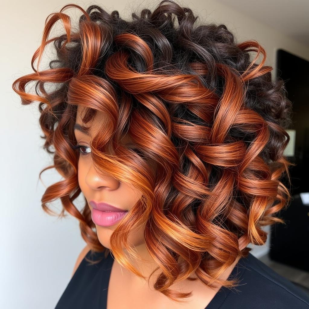 Auburn highlights on black curly hair