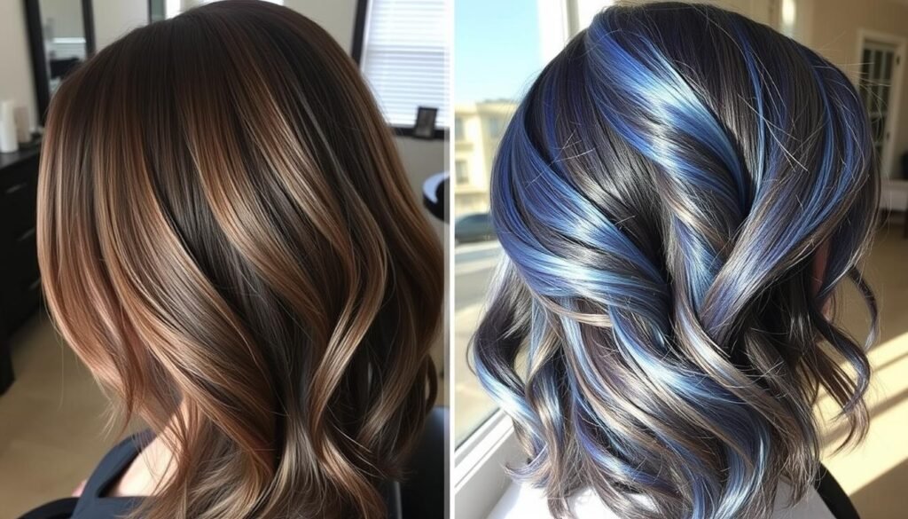 Before and after comparison of DIY peekaboo highlights showing the transformation