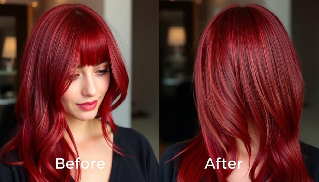 Before and after comparison showing deep red hair color maintenance - vibrant fresh color versus faded color