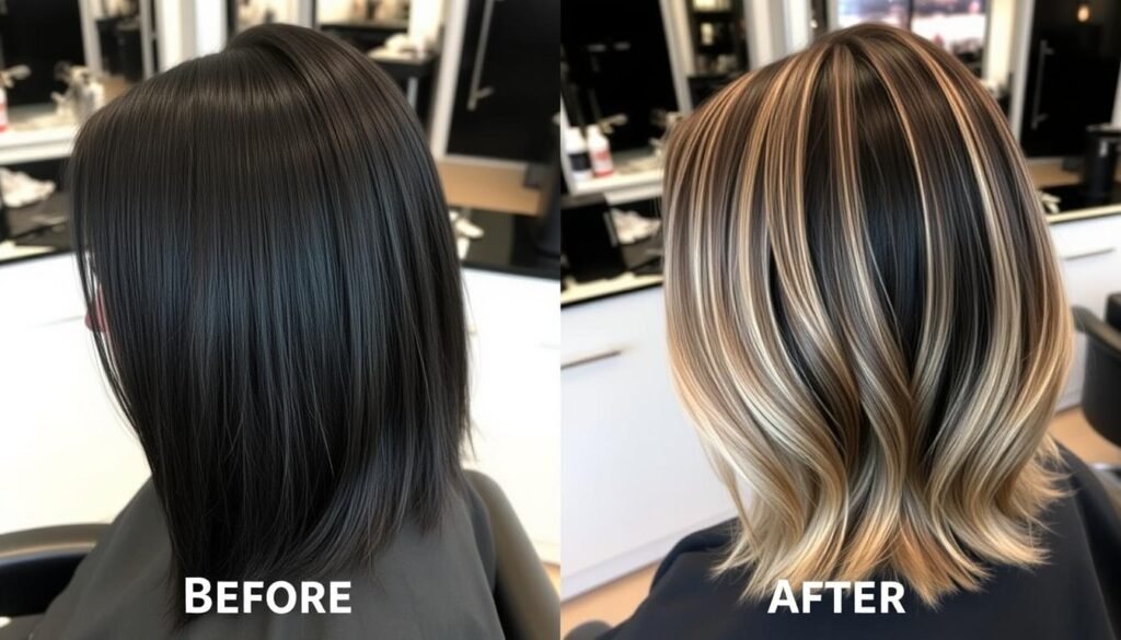 Before and after of black hair balayage transformation Before and after of black hair balayage transformation