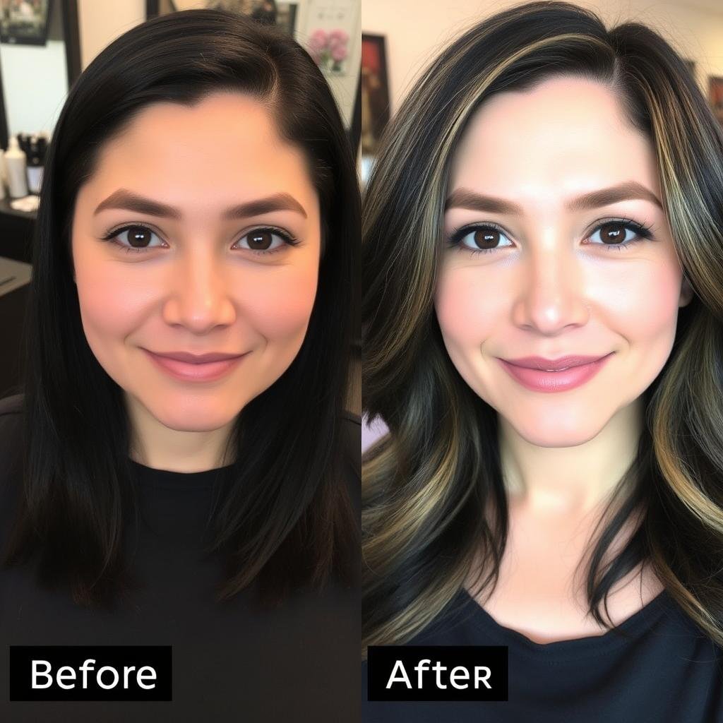 Before and after of black hair with face-framing espresso highlights Before and after of black hair with face-framing espresso highlights
