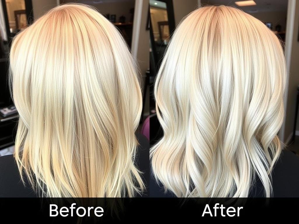 Before and after of blonde hair toning showing neutralized brassiness Before and after of blonde hair toning showing neutralized brassiness
