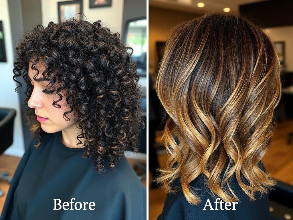 Before and after of dark curly hair with caramel highlights Before and after of dark curly hair with caramel highlights