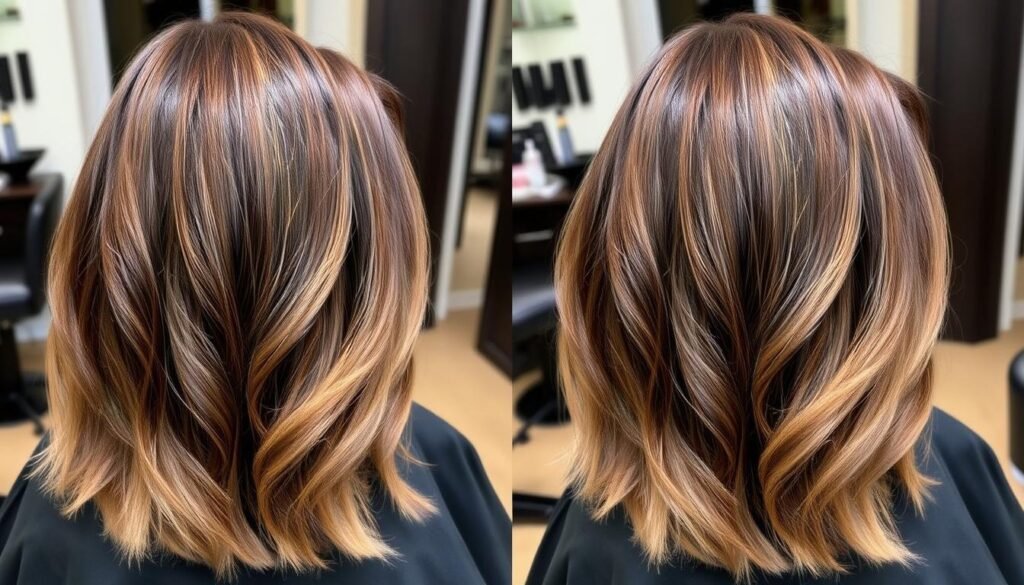 Before and after of dimensional brunette hair touch-up