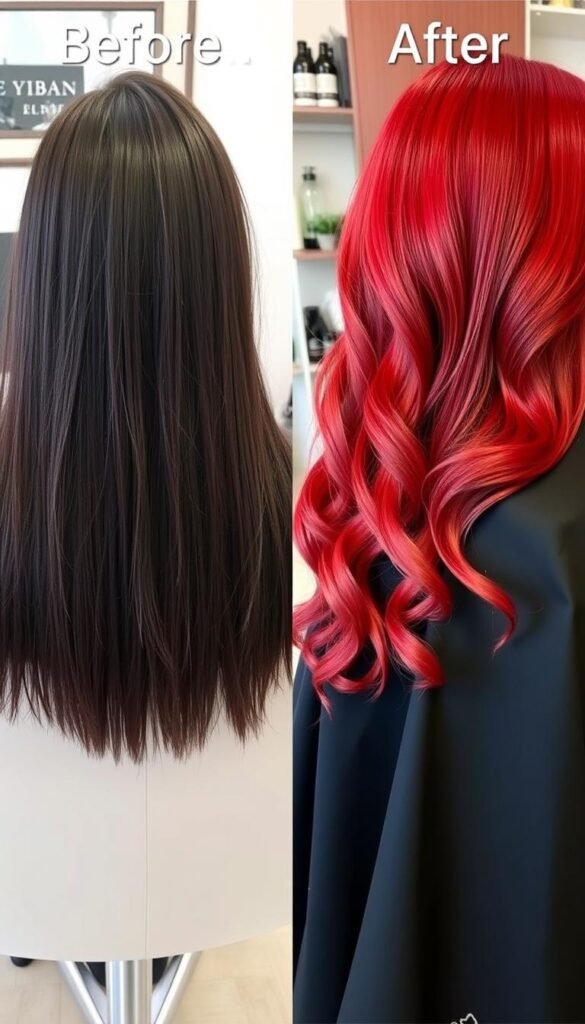 Before and after transformation to cherry red hair color Before and after transformation to cherry red hair color