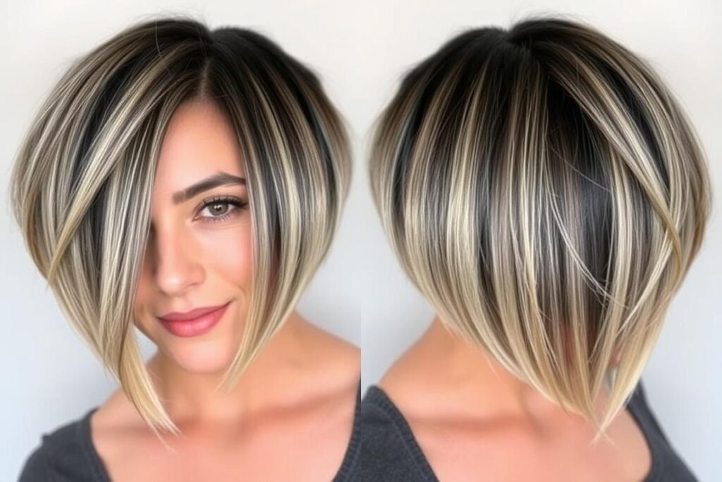 Black bob haircut with ash blonde highlights throughout