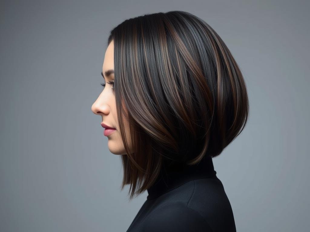 Black bob haircut with subtle chocolate brown balayage highlights Black bob haircut with subtle chocolate brown balayage highlights