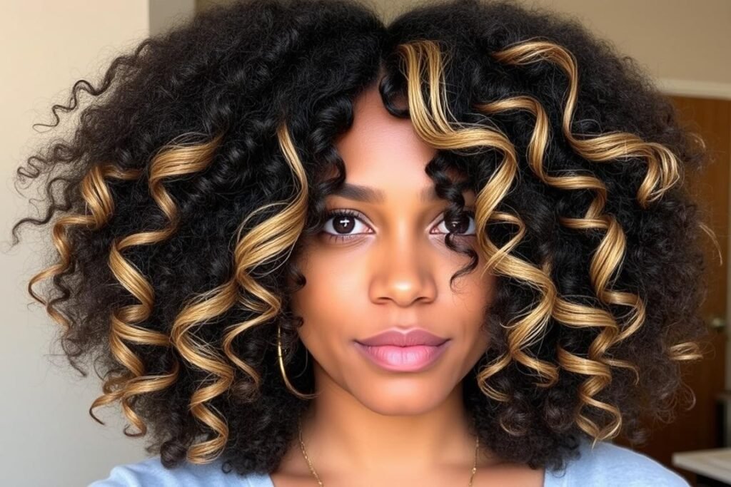 Black curly hair with golden blonde highlights enhancing natural texture