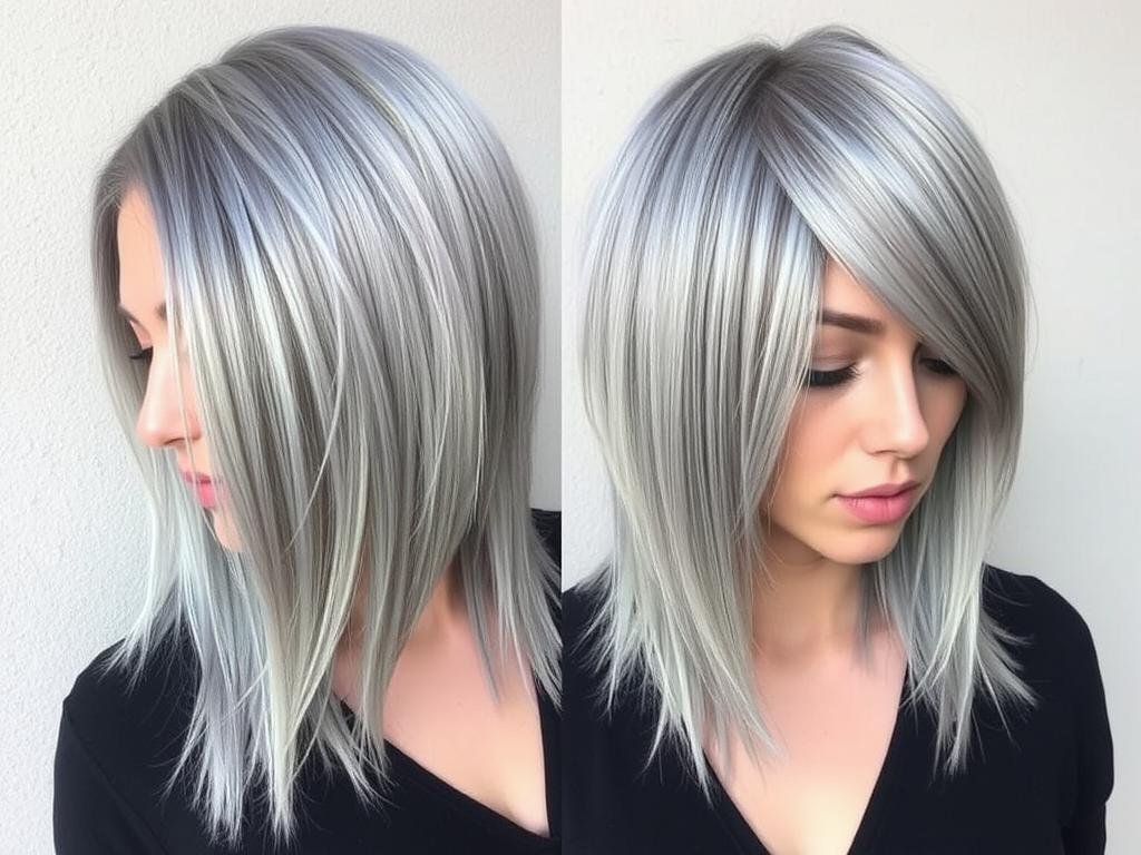 Black hair transformed to metallic silver gray Black hair transformed to metallic silver gray