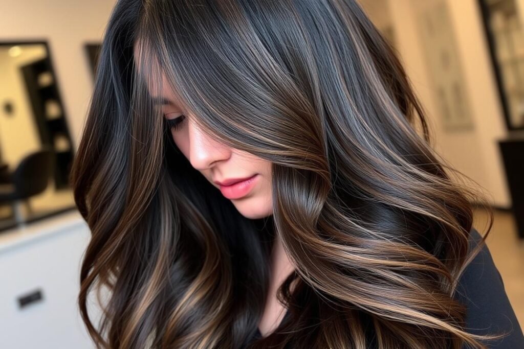 Black hair with balayage technique showing natural dimension