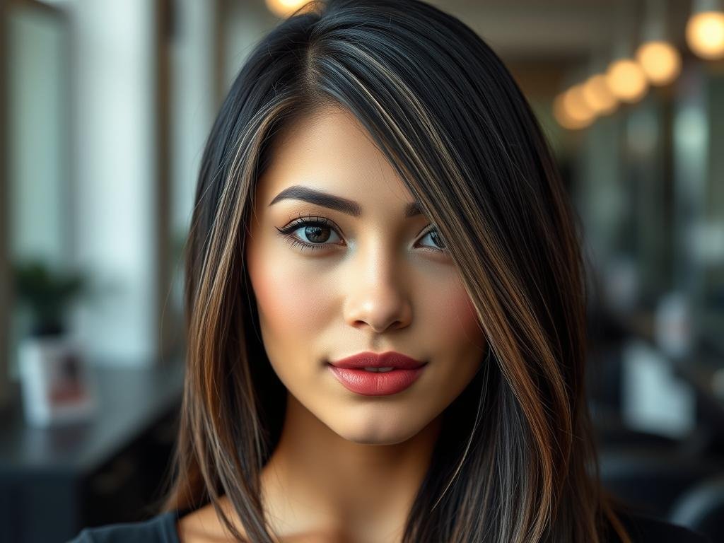 Black hair with blonde face-framing highlights that brighten the complexion