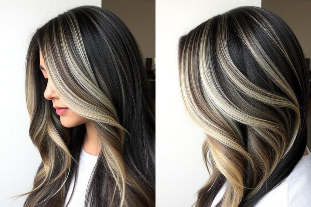 Black hair with blonde highlights and a shadow root for low maintenance