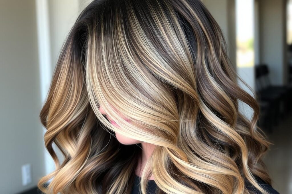 Black hair with blonde highlights and lowlights for maximum dimension