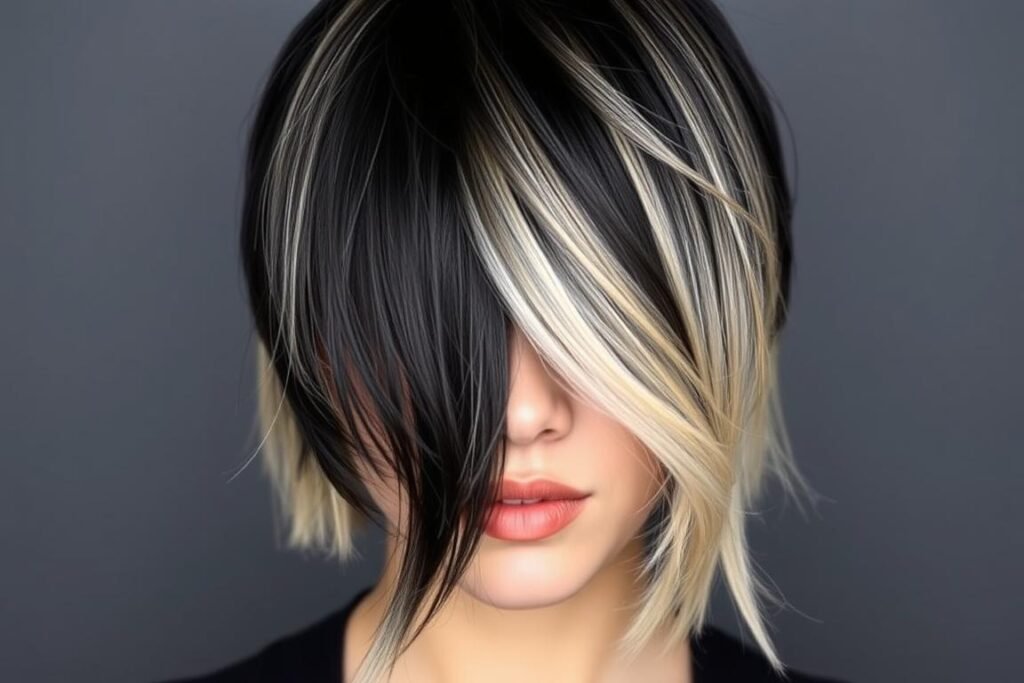 Black hair with blonde highlights concentrated on one side