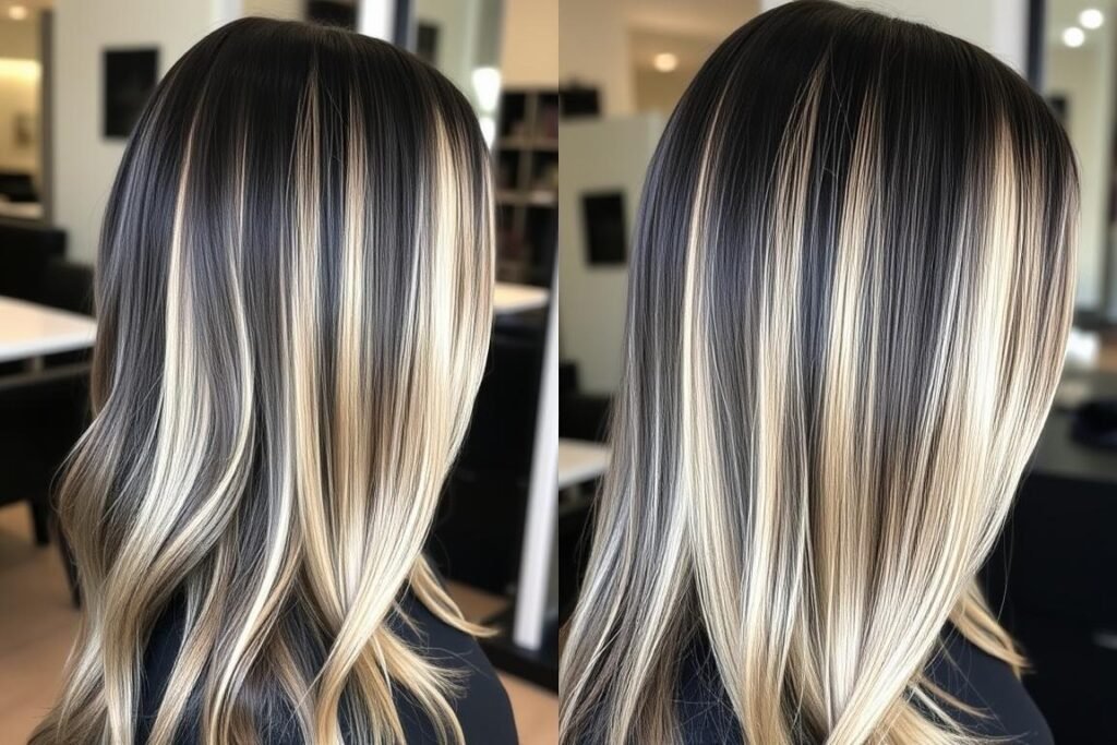 Black hair with blonde highlights focused on the mid-lengths