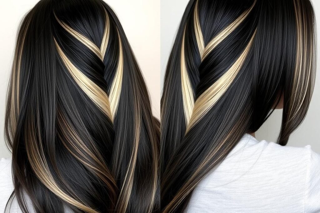Black hair with blonde highlights in a V-shaped pattern