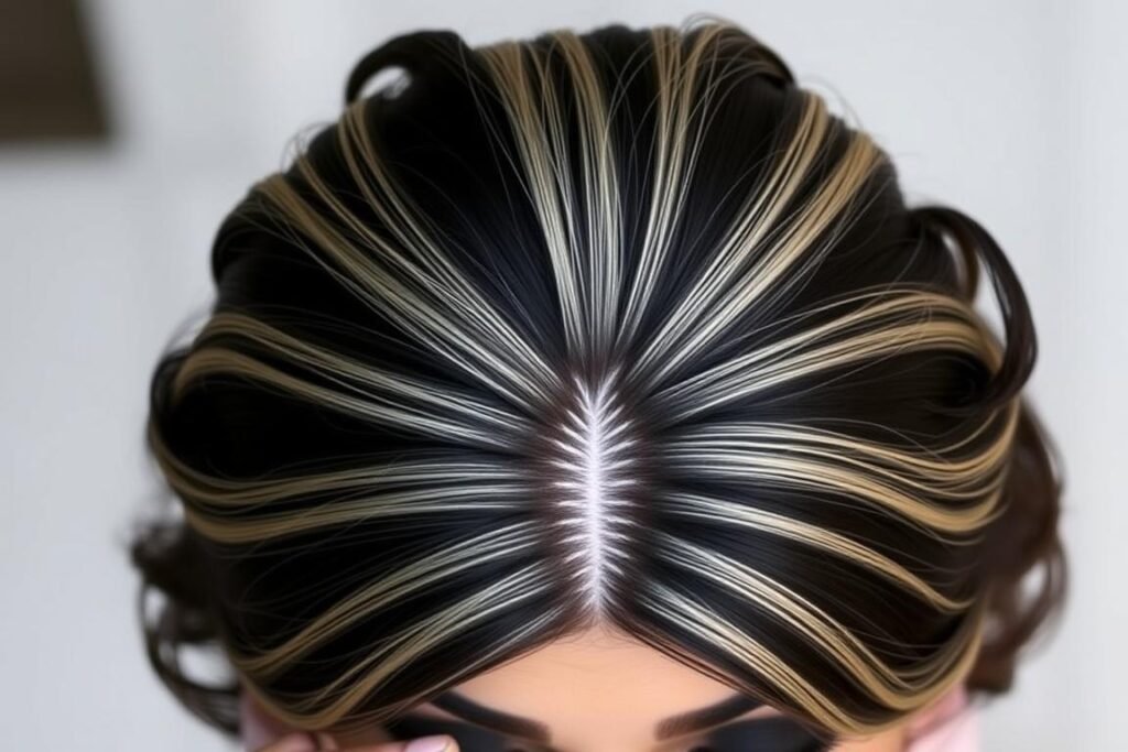 Black hair with blonde highlights in a starburst pattern from the crown