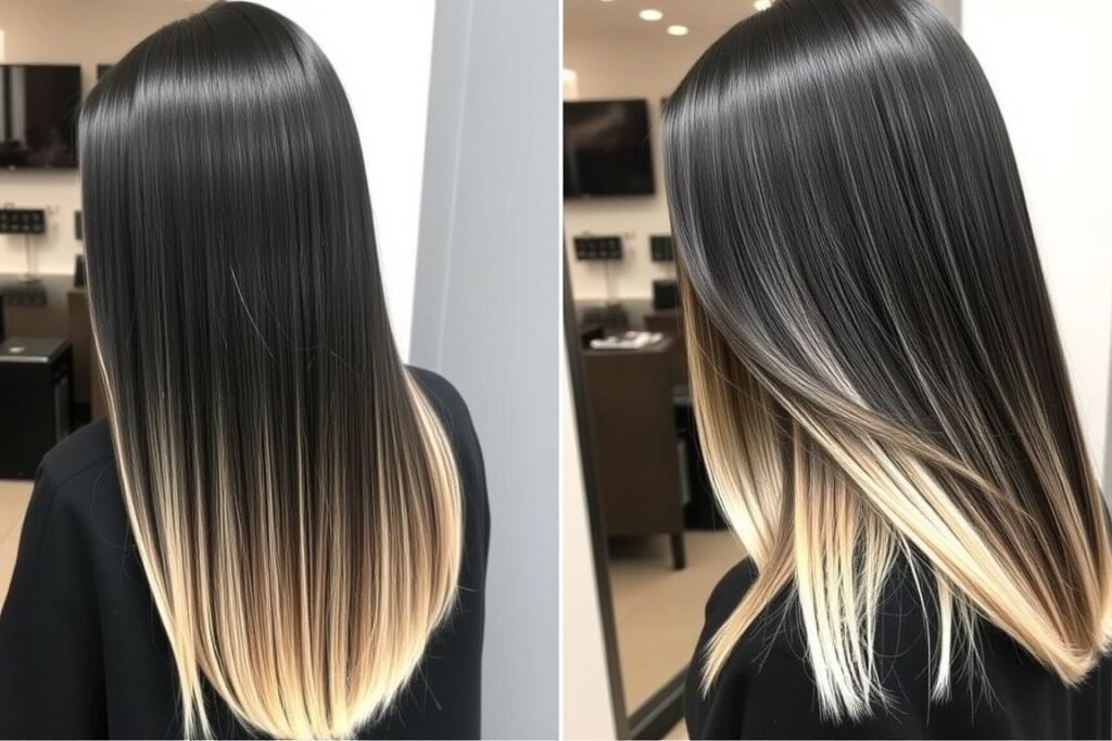 Black hair with blonde highlights just on the ends for a dipped effect