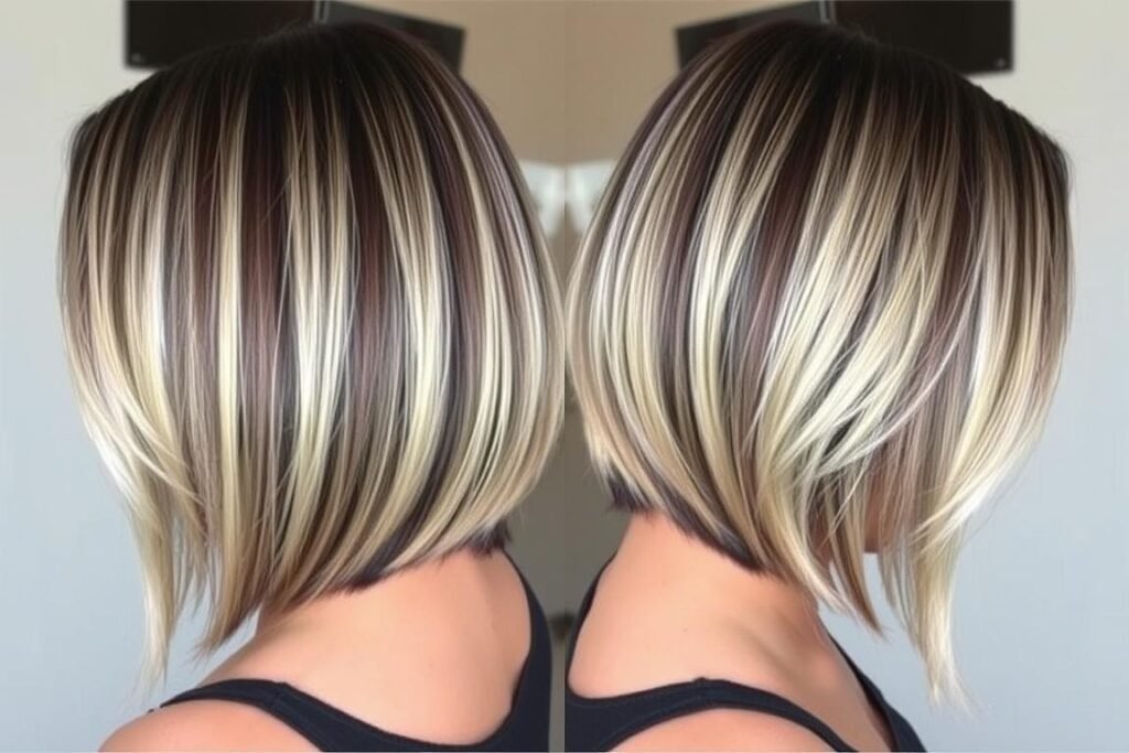 Black hair with blonde highlights that create a balayage bob effect