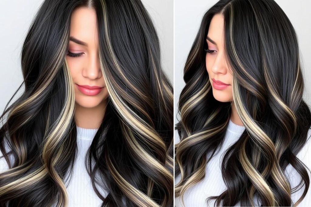 Black hair with blonde highlights that create a ribbon effect
