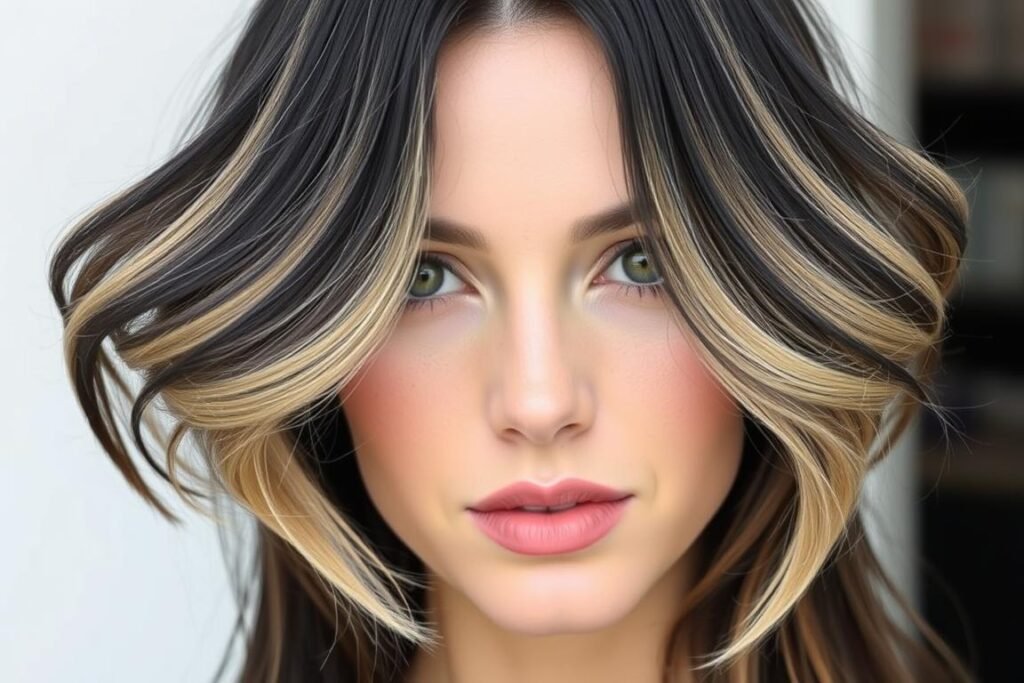 Black hair with blonde highlights that frame the face in a butterfly pattern