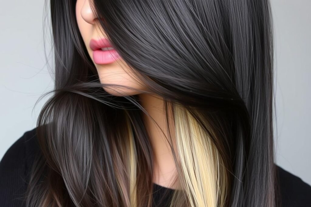 Black hair with blonde peekaboo highlights underneath