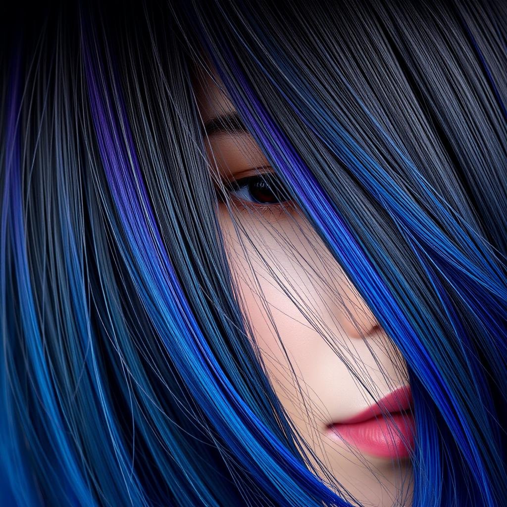 Black hair with blue or purple highlights for a fashion-forward look