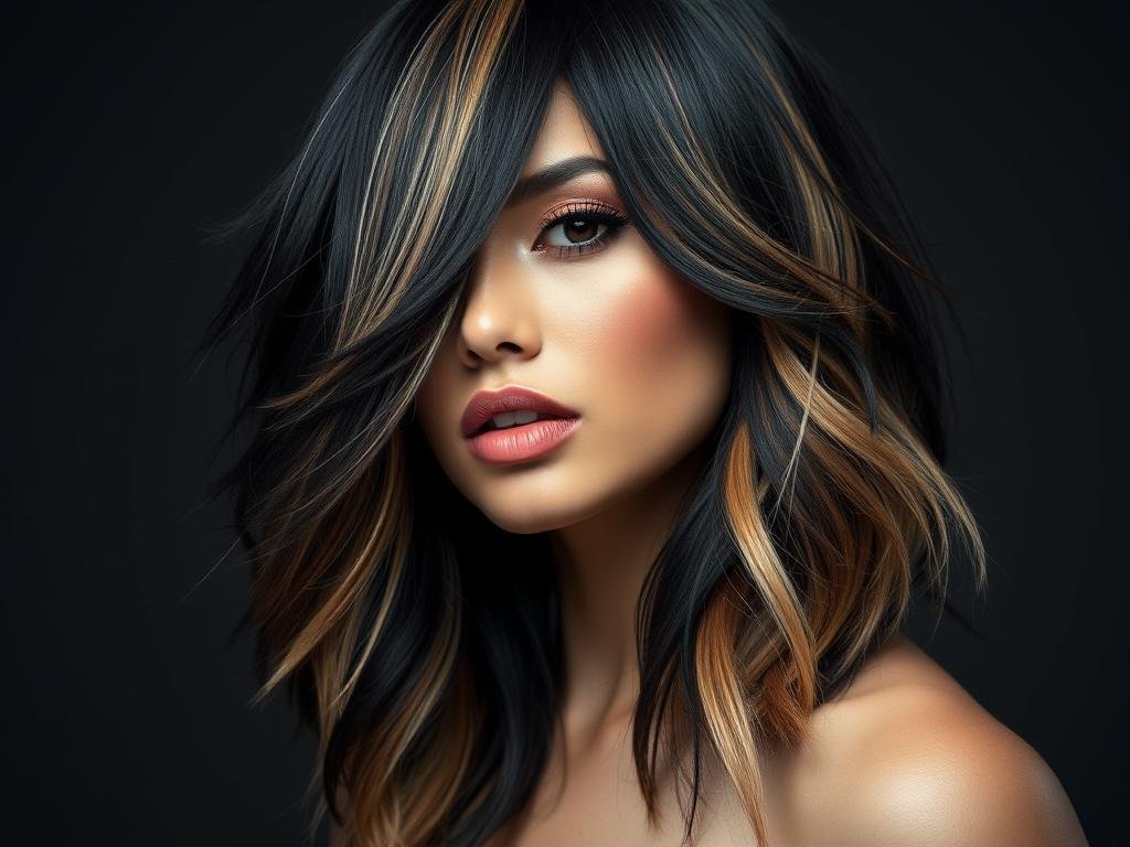 Black hair with bold chunky highlights in contrasting colors