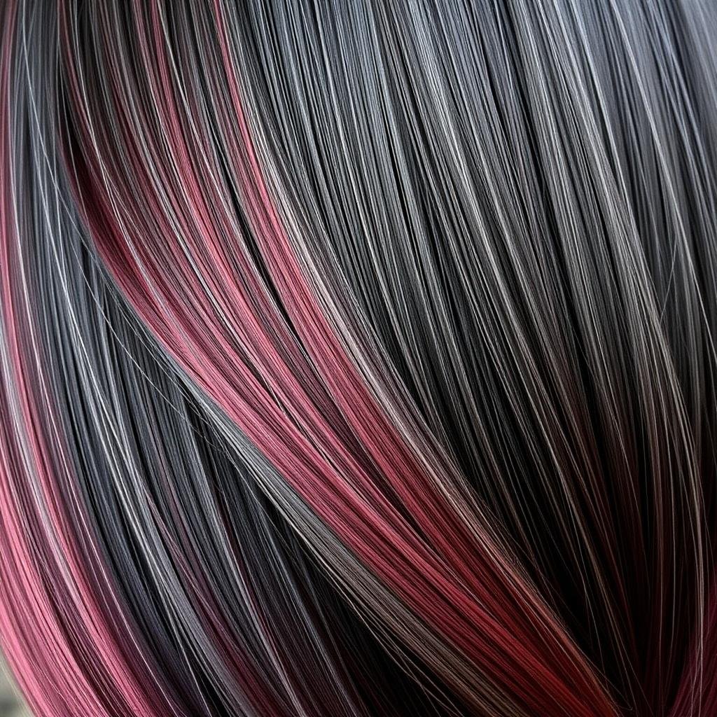 Black hair with burgundy highlights adding rich red-purple dimension