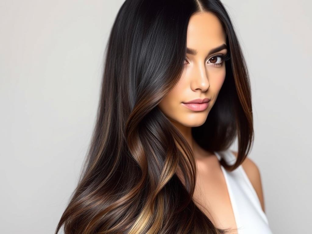 Black hair with caramel balayage highlights painted for a natural sun-kissed effect
