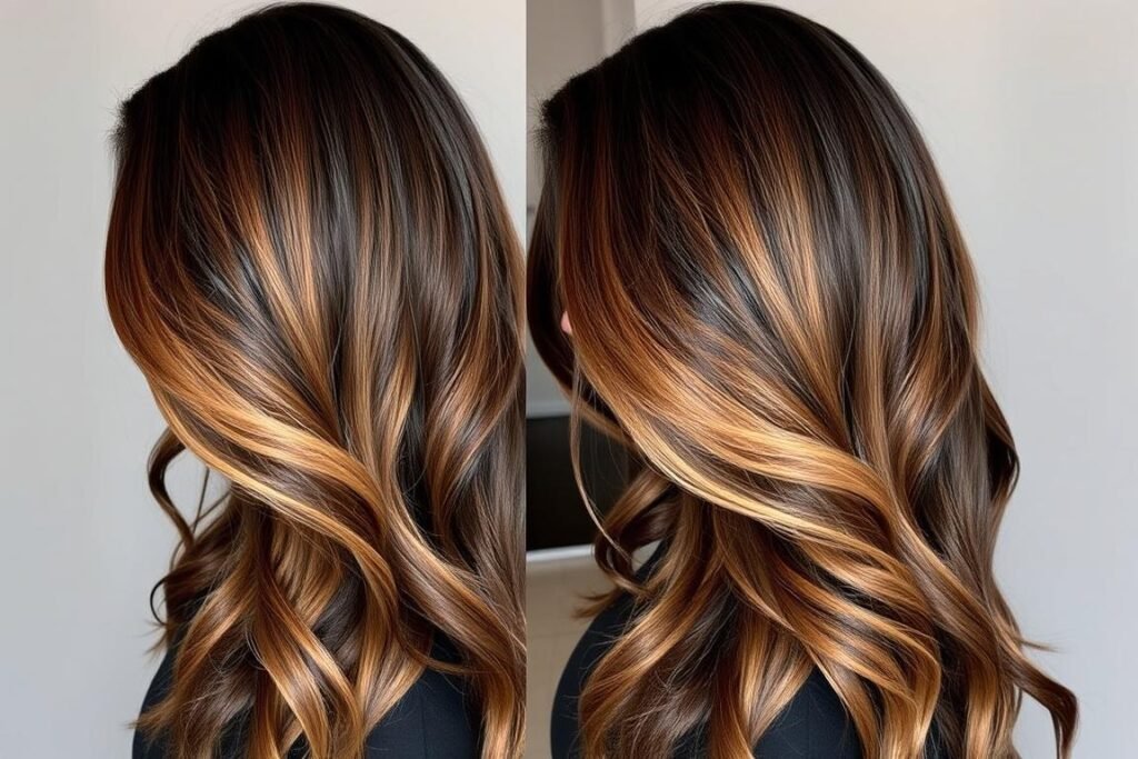Black hair with caramel blonde balayage highlights