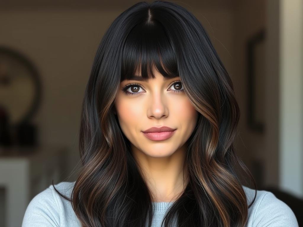Black hair with caramel face-framing balayage Black hair with caramel face-framing balayage