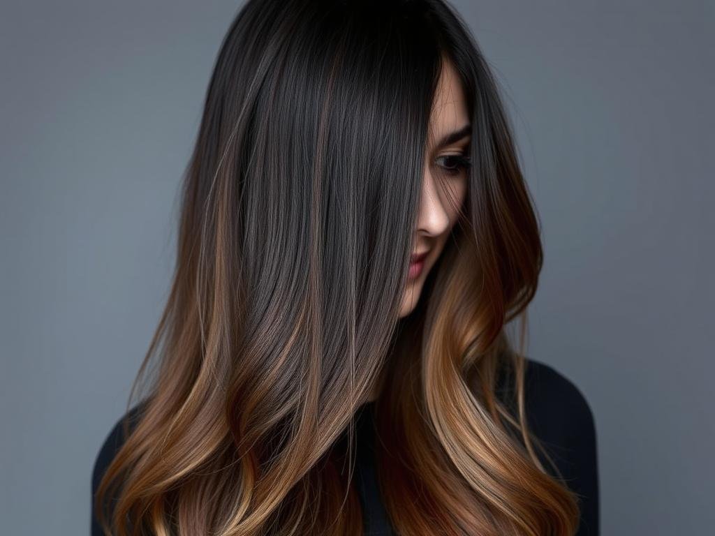 Black hair with caramel ombré transition showing gradient effect from dark to light