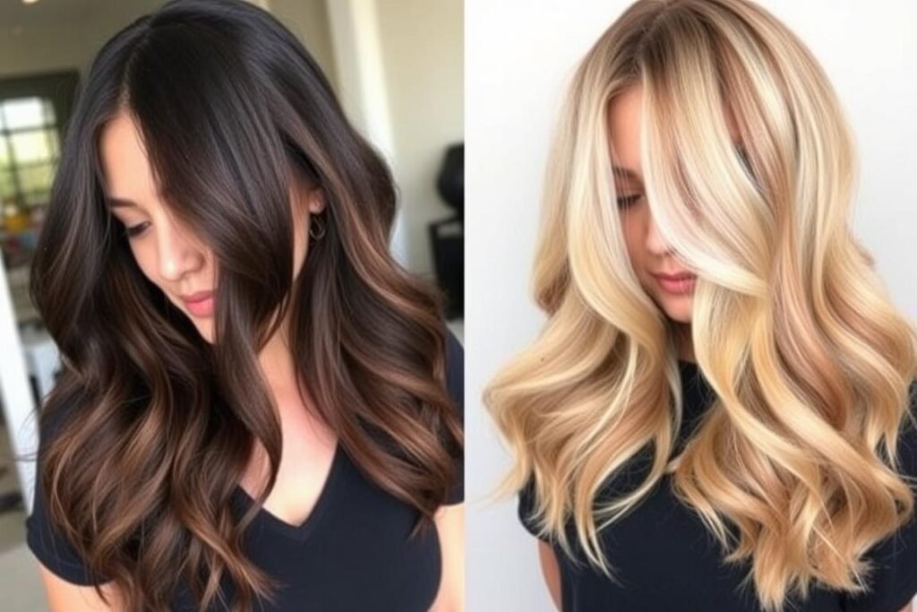 Black hair with caramel to blonde color melt for a seamless transition