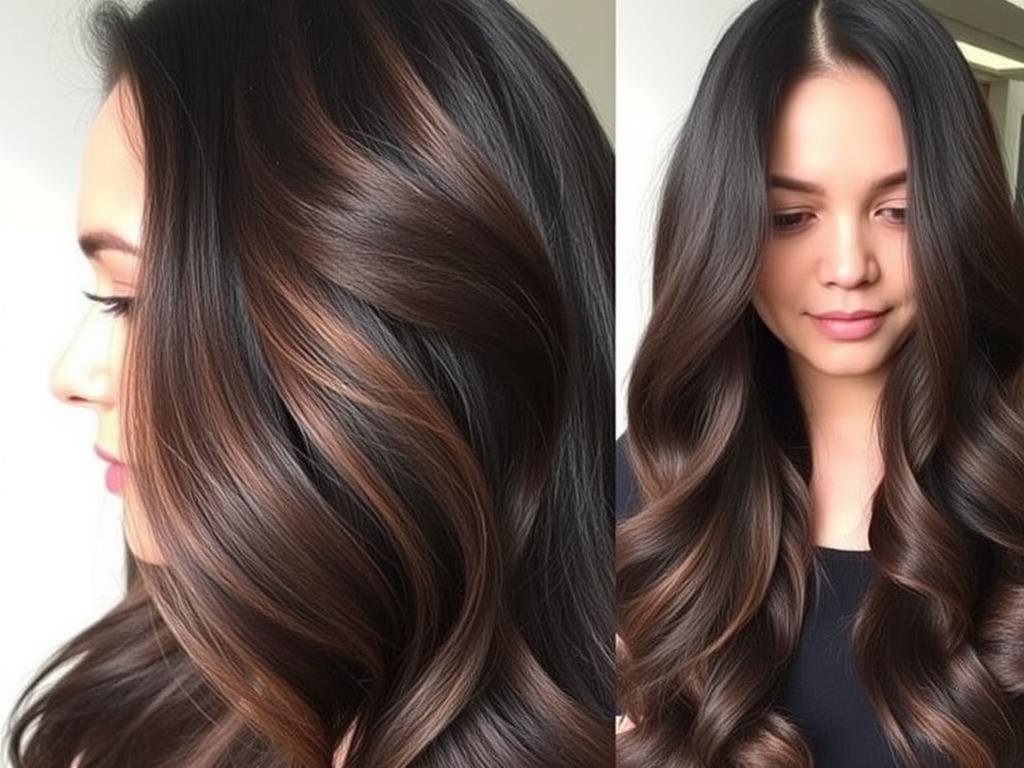 Black hair with chocolate brown highlights creating natural dimension Black hair with chocolate brown highlights creating natural dimension