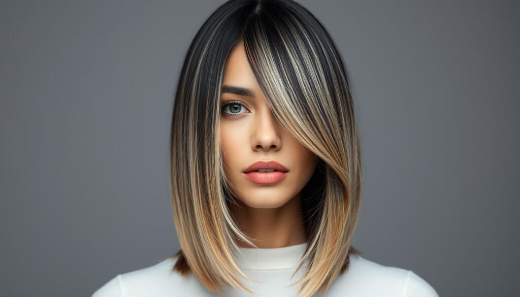 Black hair with chunky blonde highlights