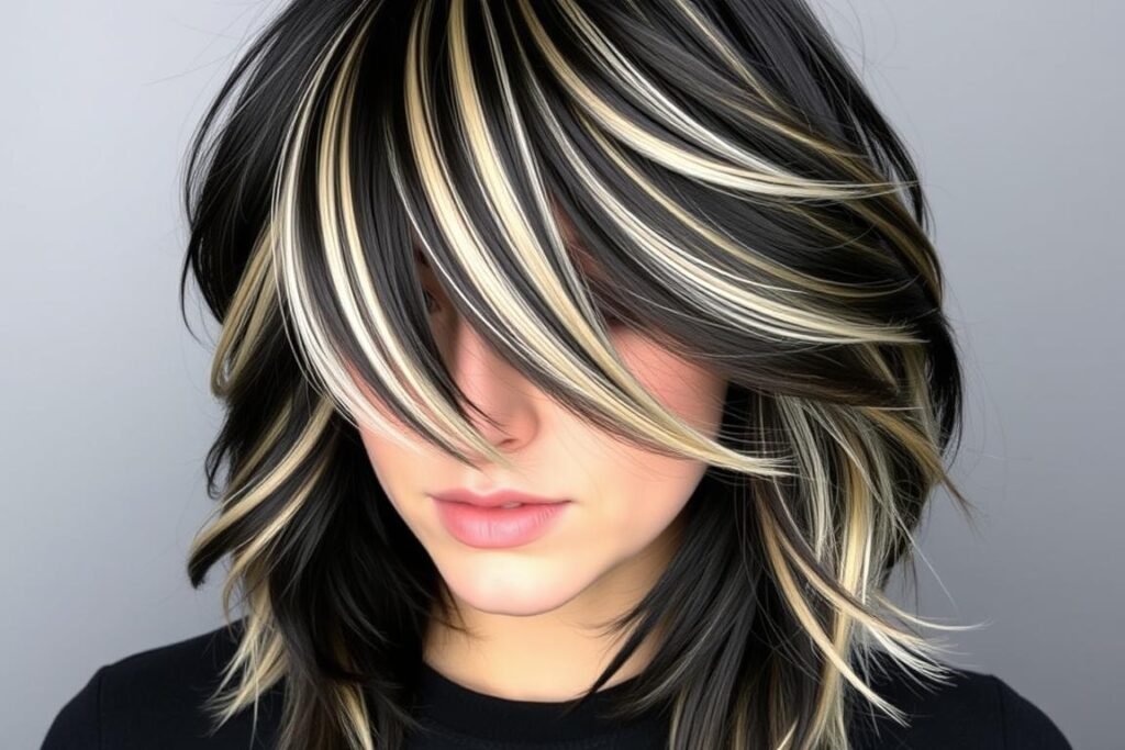 Black hair with chunky blonde highlights in a retro 90s style